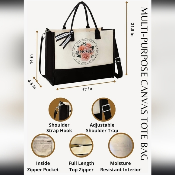New! Canvas tote large bag with scripture religious Christian flower white black - Picture 3 of 7
